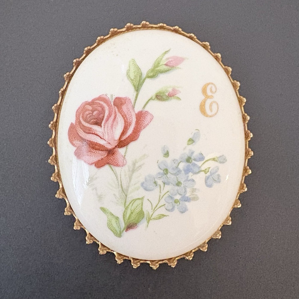 Vintage Floral Rose Initial Monogram E Oval Ceramic Brooch Gold Tone Frame 2"